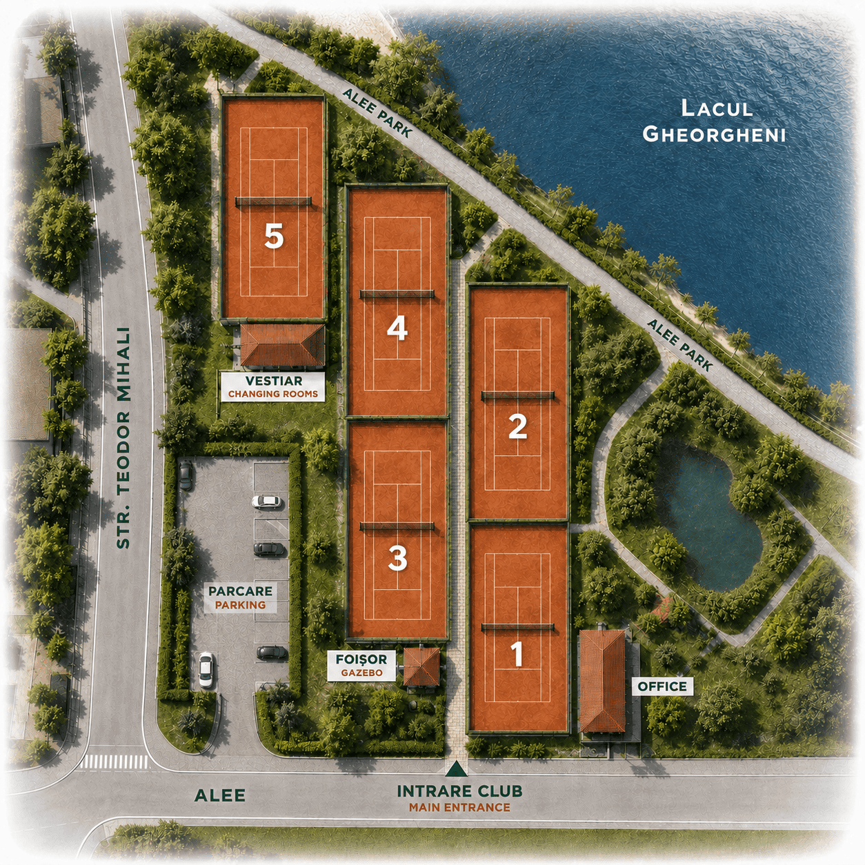 Aerial view of the clay courts and park-side grounds at Match Ball Tennis Club