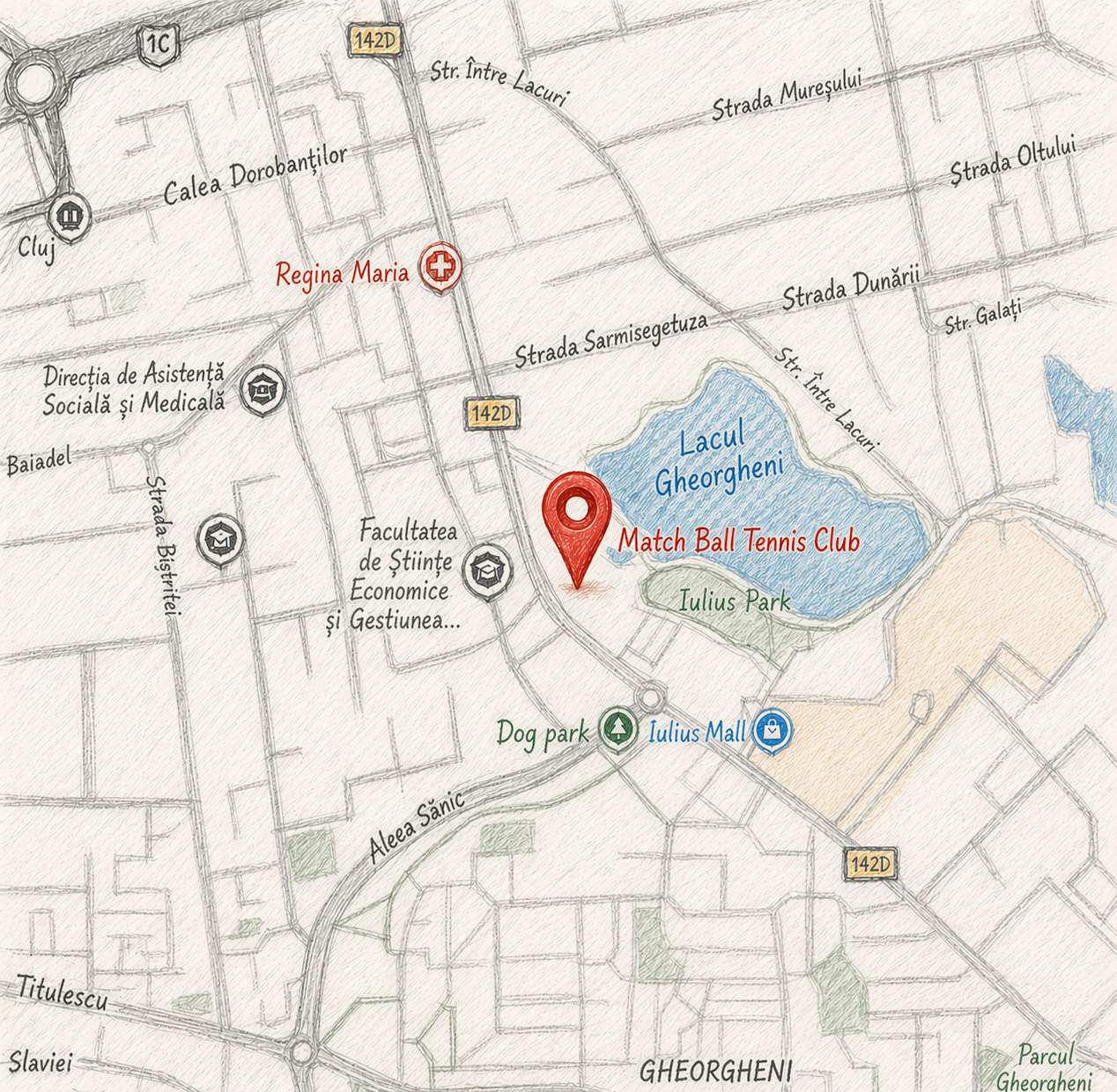 Map showing Match Ball Tennis Club next to Iulius Park and Iulius Mall